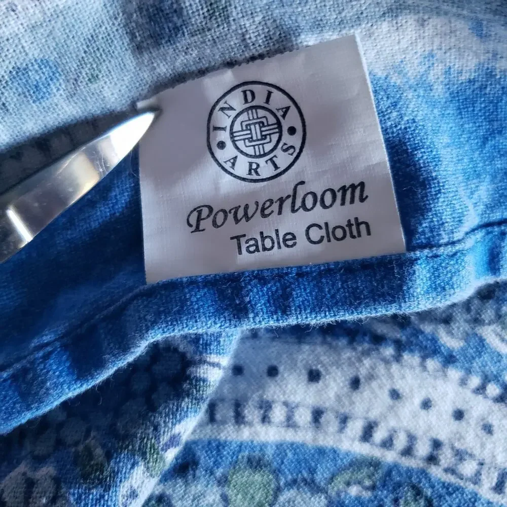 Vintage India Arts Cotton Tablecloth 67x73 Blue White Floral Powerloom India